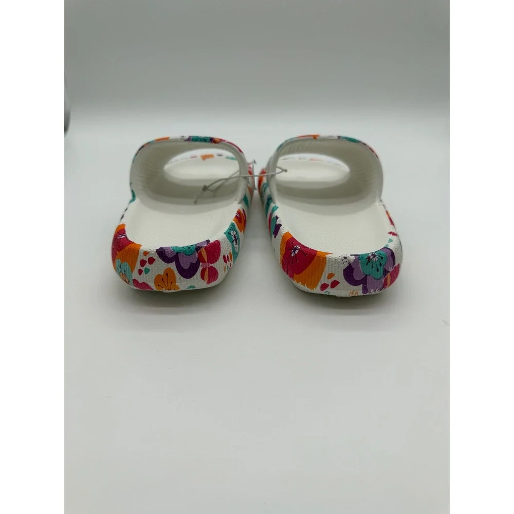 Kids Floral Print Foam Slide Sandals White Multi Color Pool Beach Shoes Size 2